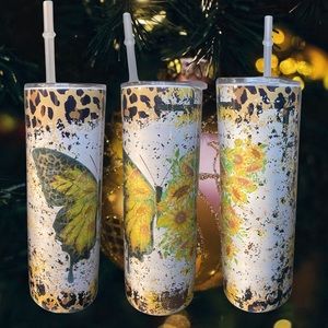 Butterfly Sunflowers Cheetah Tumbler & Lid & Plastic Straw, 20oz Stainless Steel
